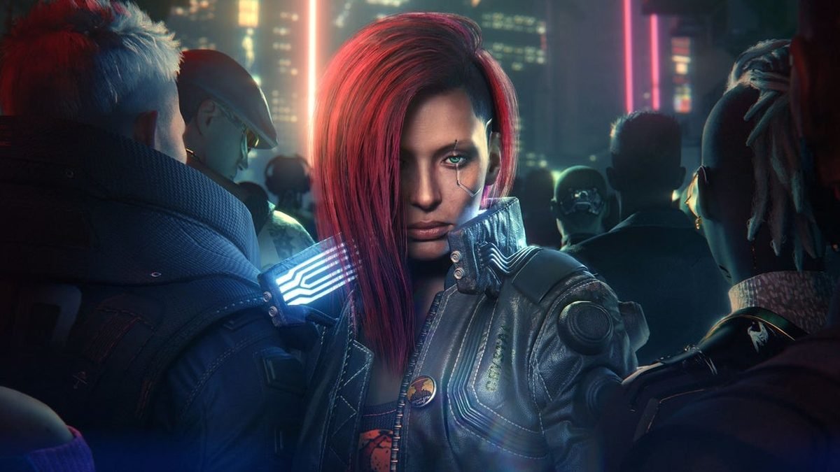 Arte de Cyberpunk 2077 com a paisagem urbana de Night City