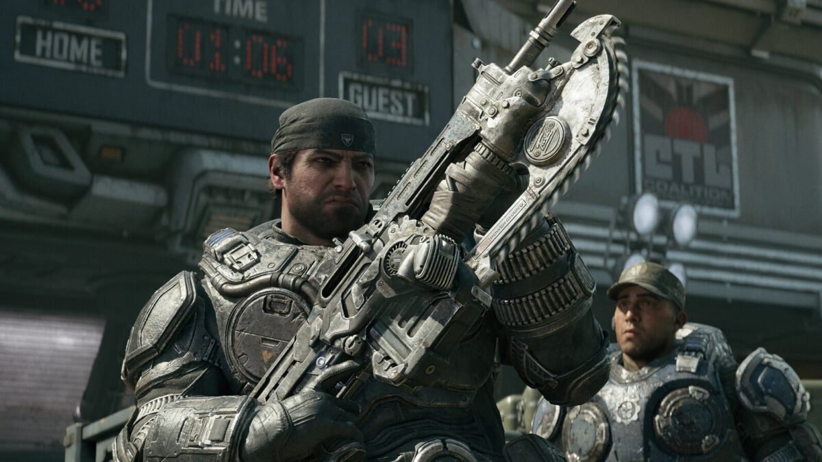 Arte de Gears of War: E-Day com soldados no campo de batalha