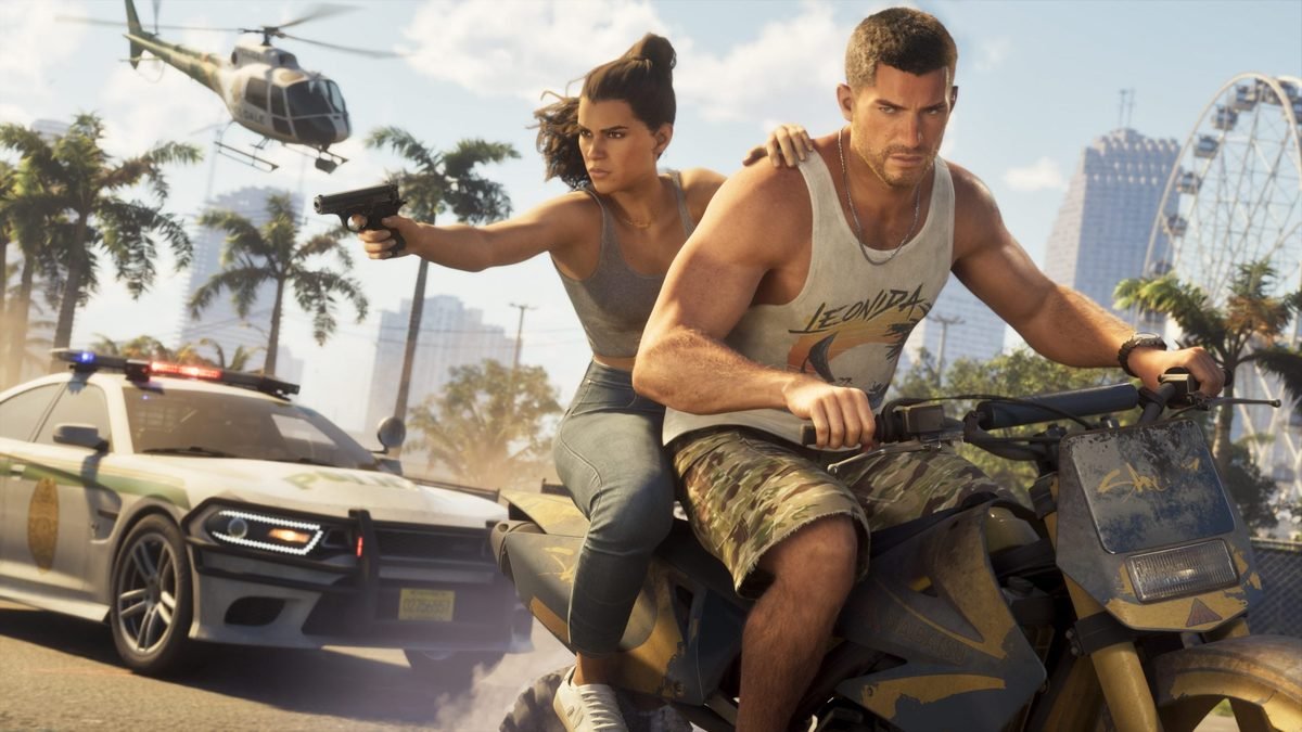 Imagem de divulgação de GTA 6 mostrando Jason e Lucia, protagonistas do jogo da Rockstar