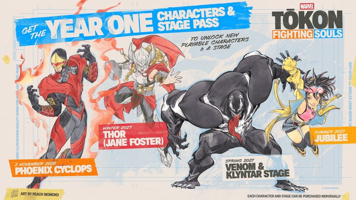Arte de Marvel Tokon: Fighting Souls com Thor (Jane Foster), Venom e Jubilee, personagens de DLC